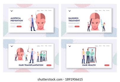 Plastic Surgery, Hair Loss Landing Page Template Set. Tiny Doctor Characters around Huge Male Head Making Hair Transplantation, Satisfied Patient Look in Mirror. Cartoon People Vector Illustration