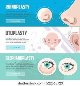 Plastic surgery horizontal banners set. Rhinoplasty, otoplasty and blepharoplasty banners. Vector illustration for surgery clinic, hospitals and advertisement. Body correction icons.