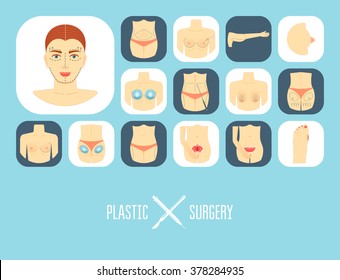 Plastic surgery icon set. Plastic surgery banner, background, poster, concept. Flat design. Vector illustration