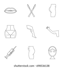 Plastic surgery icon set. Outline style set of 9 plastic surgery vector icons for web isolated on white background