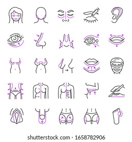 Plastic surgery, icon set. restoration, Reconstruction, or alteration of the human body. elimination of deformations and defects. Reconstructive and cosmetic surgery. Line with editable stroke