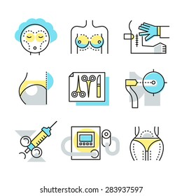 Plastic surgery icons, medical ways to make body attractive, repairing damaged skin, reconstructing facial features, body correction. Modern style illustration symbol concepts. Linear style design