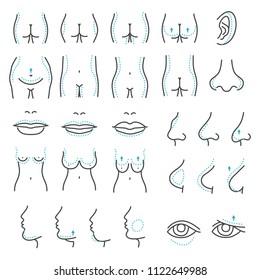 Plastic surgery icons. Reconstructing, repairing female or male body by transfer of tissue, treatment of injury or for cosmetic reasons. Vector line sign plastic operation isolated on white background