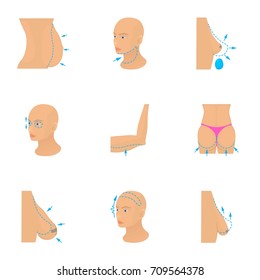 Plastic surgery icons set. Cartoon set of 9 plastic surgery vector icons for web isolated on white background