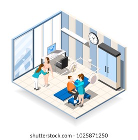  Plastic surgery isometric composition with female patients receiving consultation in clinic of aesthetic medicine vector illustration 