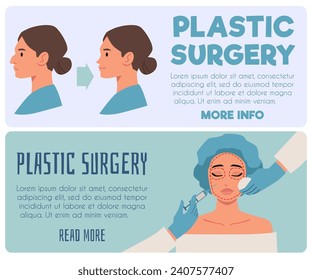 Plastic surgery landing page templates set. Rhinoplasty and face injection web banners. Flat vector illustration design with text space.