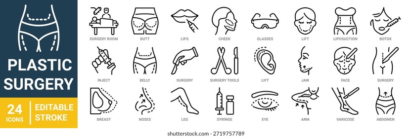 Cirurgia Plástica. laser, rugas, solo, forma, cabelo, nádegas. ícones de linha da web.