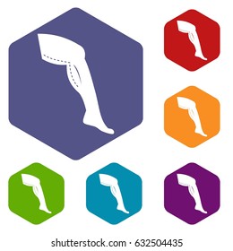 Plastic surgery of legs icons set hexagon isolated vector illustration
