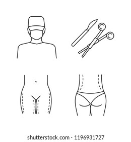 Plastic Surgery Linear Icons Set. Surgeon, Surgical Scalpel And Clamp, Thigh Lift, Waist Correction Surgery. Thin Line Contour Symbols. Isolated Vector Outline Illustrations. Editable Stroke