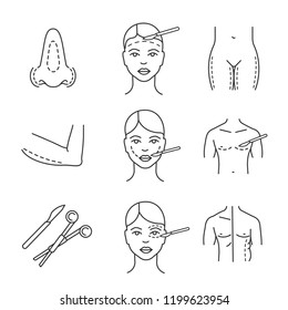 Plastic surgery linear icons set. Rhinoplasty, facelift, arm lift, cheek surgery, coolsculpting, scalpel and clamp, thigh plastic, blepharoplasty. Isolated vector outline illustration. Editable stroke