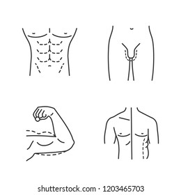 Plastic surgery linear icons set. Male body contouring, penis enlargement, arm lift surgery, men coolsculpting. Thin line contour symbols. Isolated vector outline illustrations. Editable stroke