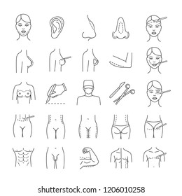 Plastic surgery linear icons set. Facial surgery. Face and body surgical lifting. Male and female body contouring and correction. Liposuction. Isolated vector outline illustrations. Editable stroke