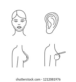 Plastic surgery linear icons set. Double chin removal, otoplasty, breast augmentation, mammoplasty. Thin line contour symbols. Isolated vector outline illustrations. Editable stroke