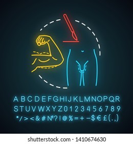 Plastic surgery for men neon light icon. Body improvement. Surgical procedures. Appearance reconstruction. Glowing sign with alphabet, numbers and symbols. Vector isolated illustration