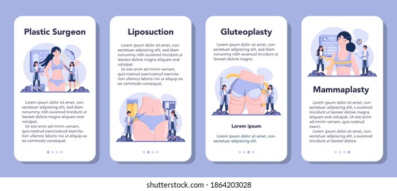Banner-Set für mobile Applikationen für plastische Chirurgie. Idee der Körperkorrektur. Brustimplantat und Fettabsaugung. Modernes Beauty-Verfahren. Vektorgrafik im Cartographie-Stil