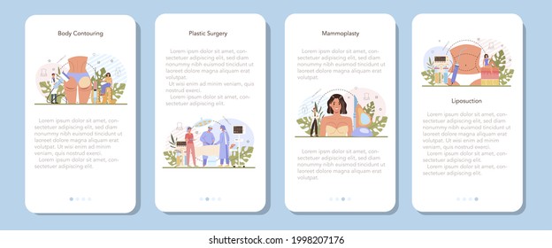 Plastic Surgery Mobile Application Banner Set. Idea Of Modern Body Correction And Counturing. Mammaplasty And Gluteoplasty Procedure, Liposuction Surgery. Flat Vector Illustration