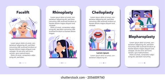 Plastic surgery mobile application banner set. Idea of modern face aesthetic medicine. Lifting and anti-aging beauty procedure. Rhinoplasty, cheiloplasty and blepharoplasty. Flat vector illustration