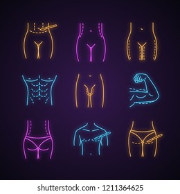 Plastic surgery neon light icons set. Tummy tuck, waist, thigh, buttock correction surgery, penis enlargement, coolsculpting, gynecomastia. Glowing signs. Vector isolated illustrations