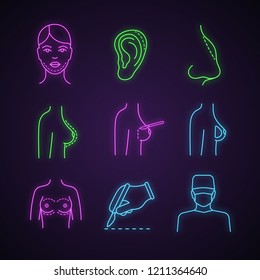 Plastic surgery neon light icons set. Chin, ear, nose shape correction surgery, breast augmentation, scalpel incision, surgeon. Glowing signs. Vector isolated illustrations