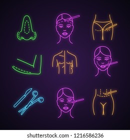 Plastic surgery neon light icons set. Rhinoplasty, facelift, gluteoplasty, arm lift, scalpel and clamp, tummy tuck, cheek plastic, coolsculpting, blepharoplasty. Glowing vector isolated illustrations