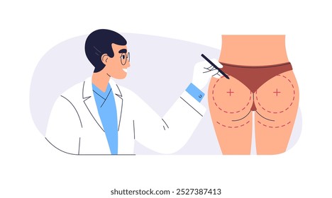 Plastic surgery on buttocks, shaping butts, markings for cosmetic treatment. Doctor contouring for aesthetic improvement, gluteal lifting. Flat vector illustration isolated on white background