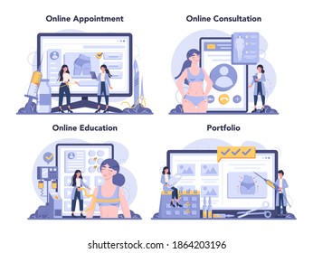 Servicio de cirugía plástica en línea o conjunto de plataformas. Idea de corrección corporal. Cirugía de implante mamario y liposucción. Nombramiento en línea, consulta, educación, portafolio. Ilustración del vector