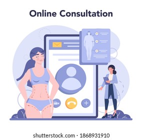Plastic surgery online service or platform. Idea of body correction. Breast implant and liposuction surgery. Online consultation. Vector illustration