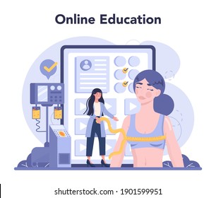 Plastic surgery online service or platform. Idea of body correction. Breast implant and liposuction surgery. Online educatiom. Vector illustration