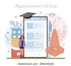 Plastic surgery online service or platform. Modern face aesthetic medicine. Lifting and anti-aging beauty procedure. Online appointment. Vector flat illustration