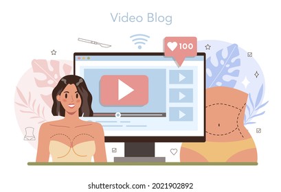 Plastic surgery online service or platform. Idea of modern body correction and counturing. Video blog. Flat vector illustration