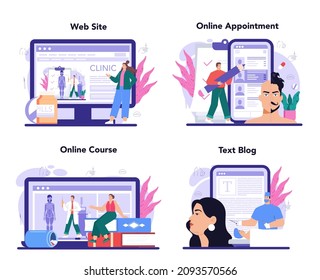 Plastic surgery online service or platform set. Idea of modern aesthetic medicine. Liposuction and lifting beauty procedure. Online appointment, course, blog, website. Vector illustration