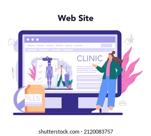 Plastic surgery online service or platform. Idea of modern aesthetic medicine. Liposuction and lifting beauty procedure. Website. Vector illustration