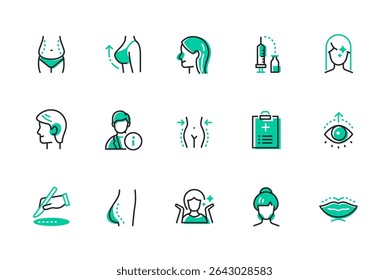 Plastic surgery and operations - set of line design style icons