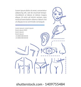 Plastic surgery procedures article page vector template. Brochure, magazine, booklet design element with linear icons and text boxes. Print design. Concept illustrations with text space