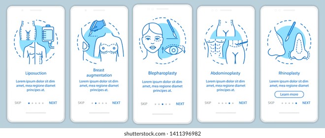 Plastic surgery services onboarding mobile app page screen with linear concepts. Five walkthrough steps graphic instructions. Abdominoplasty. UX, UI, GUI vector template with illustrations