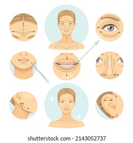 Plastic surgery set. Blepharoplasty, otoplasty, rhinoplasty, contouring lift vector illustration