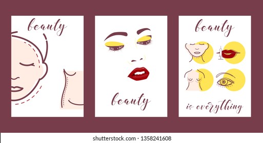 Plastic surgery set of cars vector illustration. Face and body correction. Doctor consultation. Breast augmentation, liposuction, face and body cosmetology. beauty health procedure.