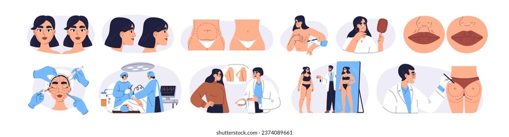 Plastic surgery set. Face and body corrections in aesthetic beauty clinic. Breast implants, reshaping nose, lips, belly fat liposuction. Flat graphic vector illustrations isolated on white background.