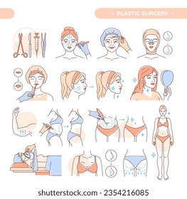 Plastic surgery set. Facial and body cosmetology. Beauty procedures and surgeries, rhinoplasty and mammoplasty, lip and wrinkle injections. Linear flat vector collection isolated on white background