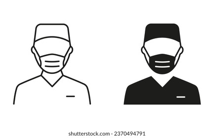 Plastic Surgery Specialist in Medical Mask Pictogram Set. Surgeon Man Line and Silhouette Black Icons. Professional Surgeon Doctor, Hospital Staff Symbol Collection. Isolated Vector Illustration.