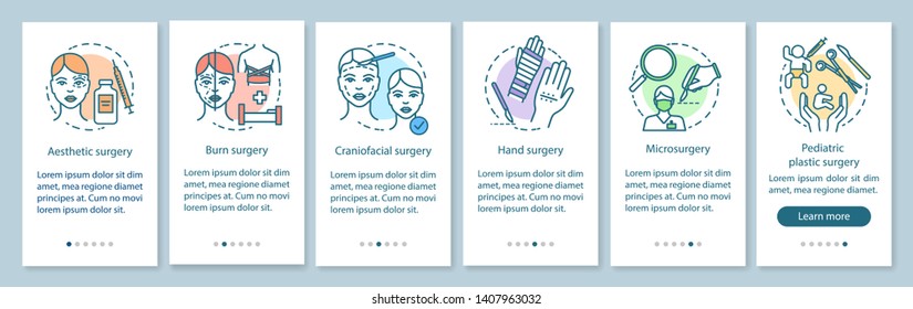 Plastic surgery sub-specialties onboarding mobile app page screen with linear concepts. Six walkthrough steps graphic instructions. UX, UI, GUI vector template with illustrations