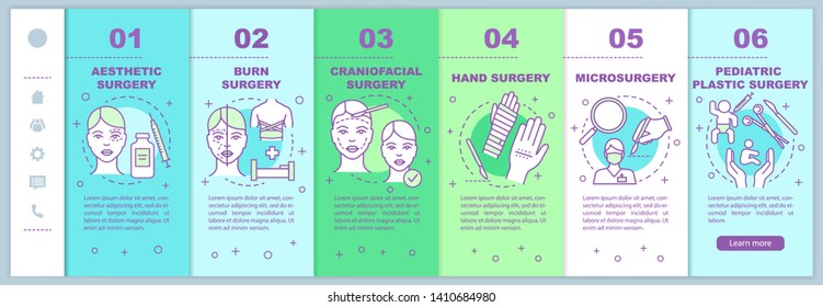 Plastic surgery sub-specialties onboarding mobile web pages vector template. Responsive smartphone website interface idea with linear illustrations. Webpage walkthrough step screens. Color concept
