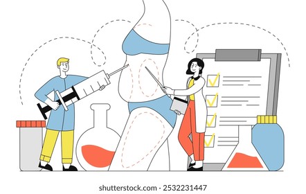 Plastic surgery team. Man with syringe and woman with scalpel near body of young girl. Liposuction and fat removal. Beauty procedures and treatment, correction. Linear vector illustration