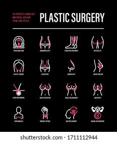 Plastic surgery thin line icons set. Breast enlargement, reduction, mastopexy, implant, liposuction, facelift, rhinoplasty, buttock lift, hair replacement. Vector illustration for black theme.