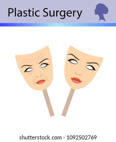 Plastic surgery, two masks with aged and young face. concept of rejuvenation. vector illustration