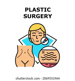 Plastic Surgery Vector Icon Concept. Patient Plastic Surgery Medicine Therapy For Rejuvenation, Body Liposuction And Skin Smooth. Medical Hospital Operation And Treat Color Illustration