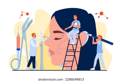 Plastic surgery vector illustration. Cartoon tiny doctor holding pencil to draw lines of new aesthetic face of woman, facial beauty operation, medical procedure and aging treatment by surgeons