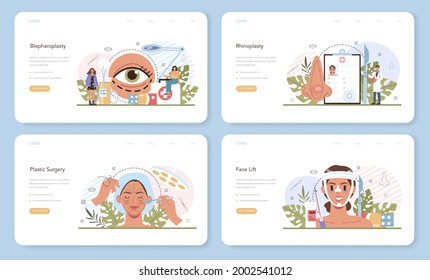 Plastic surgery web banner or landing page set. Idea of modern face aesthetic medicine. Lifting and anti-aging beauty procedure. Rhinoplasty and blepharoplasty. Vector illustration in cartoon style