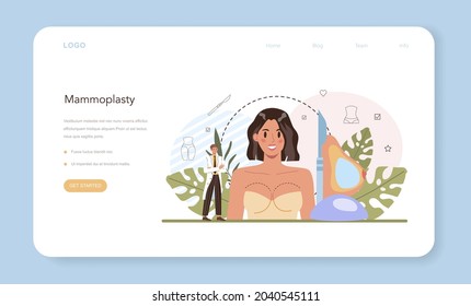 Plastic Surgery Web Banner Or Landing Page. Idea Of Modern Body Correction And Counturing. Mammaplasty Procedure, Chest Implant Surgery. Flat Vector Illustration