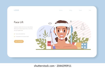 Plastic surgery web banner or landing page. Idea of modern face aesthetic medicine. Lifting and anti-aging beauty procedure. Rhinoplasty and blepharoplasty. Vector illustration in cartoon style